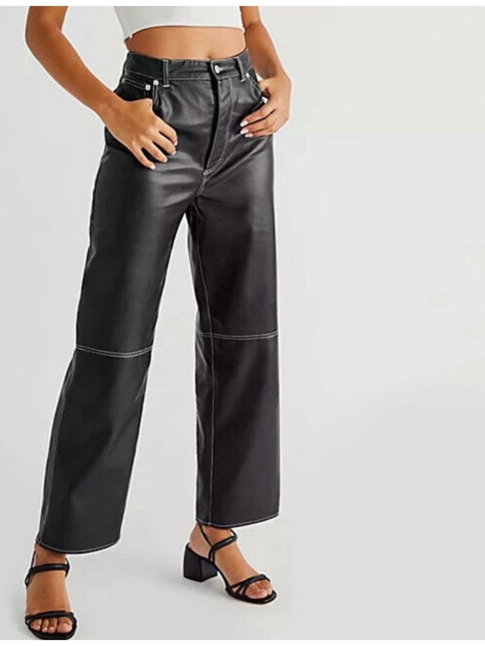 Free People The It Factor Vegan Leather Pants Black Contrast Stitch Size 4